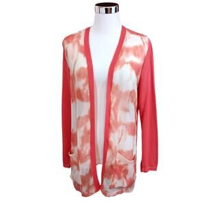 CHICO'S 1 Light Cardigan Topper M Artsy Coral Sheer‎ Panels Office Career Events